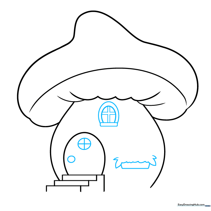 Adding circular door details, a rectangular window, and a flower box to the mushroom house.