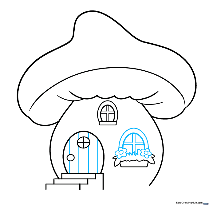 Adding daisy flowers in the box and vertical wood grain lines to the mushroom house door.