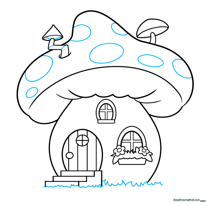 Adding spots to the mushroom cap and drawing grass at the base of the house.