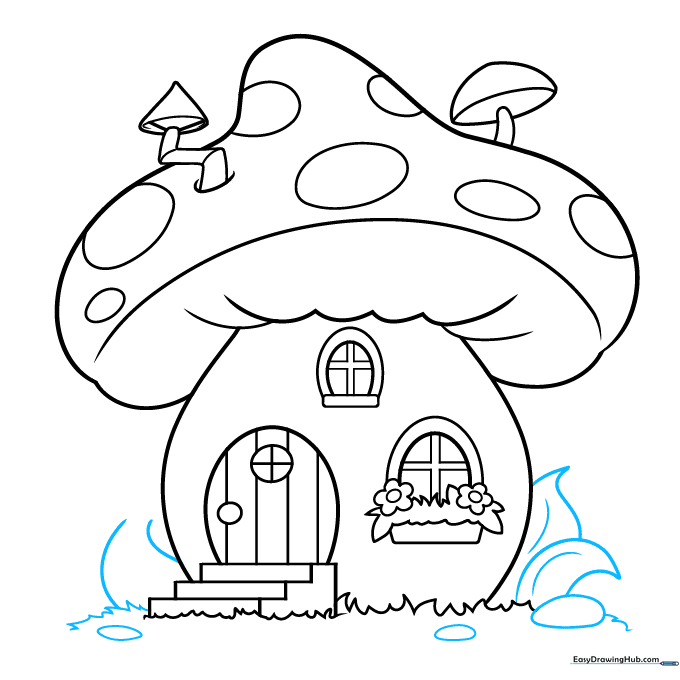 Adding rocks and detailed leaves to the ground surrounding the mushroom house.