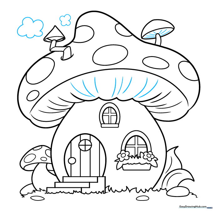 Adding smoke puffs to the chimney to complete the mushroom house drawing.