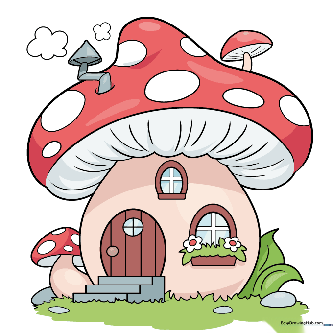 A fully colored and finished mushroom house drawing.