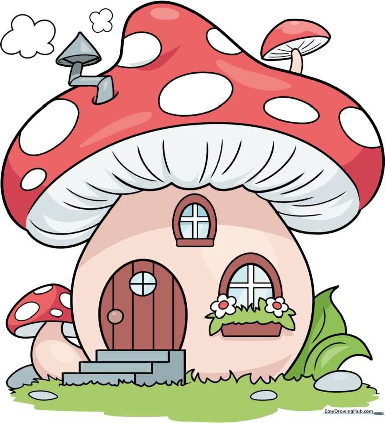 A colorful, whimsical mushroom house drawing, perfect for kids to learn from.