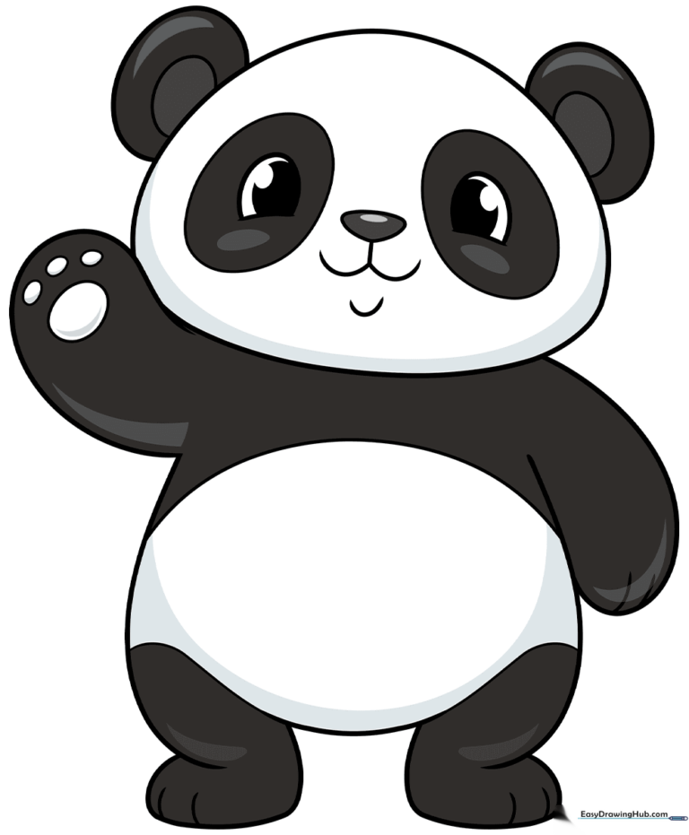 A cute, finished panda drawing colored in black and white, standing in a friendly pose.