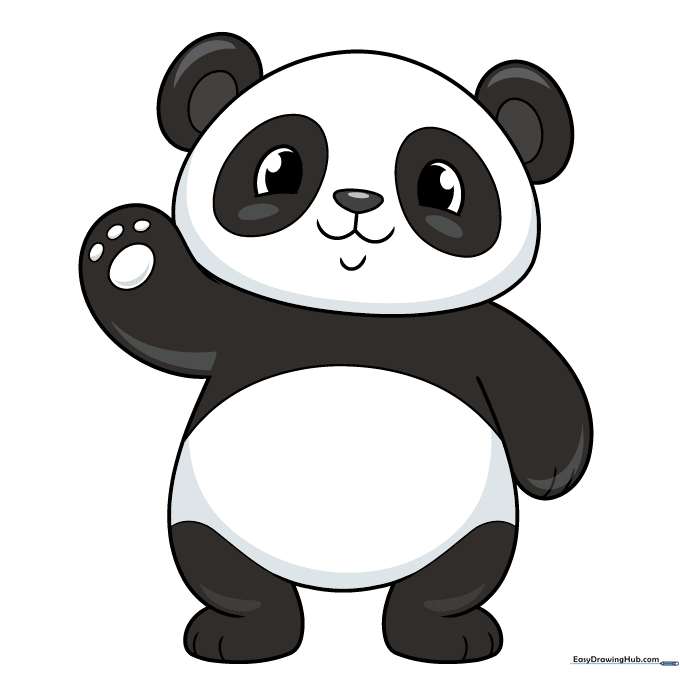 The finished, colored panda drawing with black and white fur patterns.