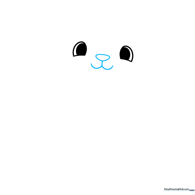Panda face sketch showing the addition of a small oval nose and a curved mouth line.