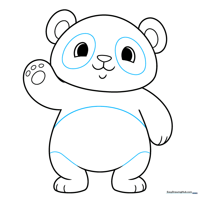 Panda drawing showing the final outline with fur pattern markings.