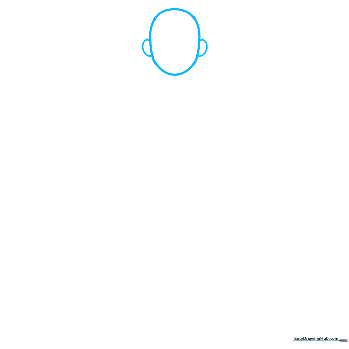 Pencil sketch of a simple oval head with small ear outlines on a white background.