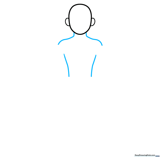 Drawing the neck and sloping shoulder lines connected to a basic torso outline.