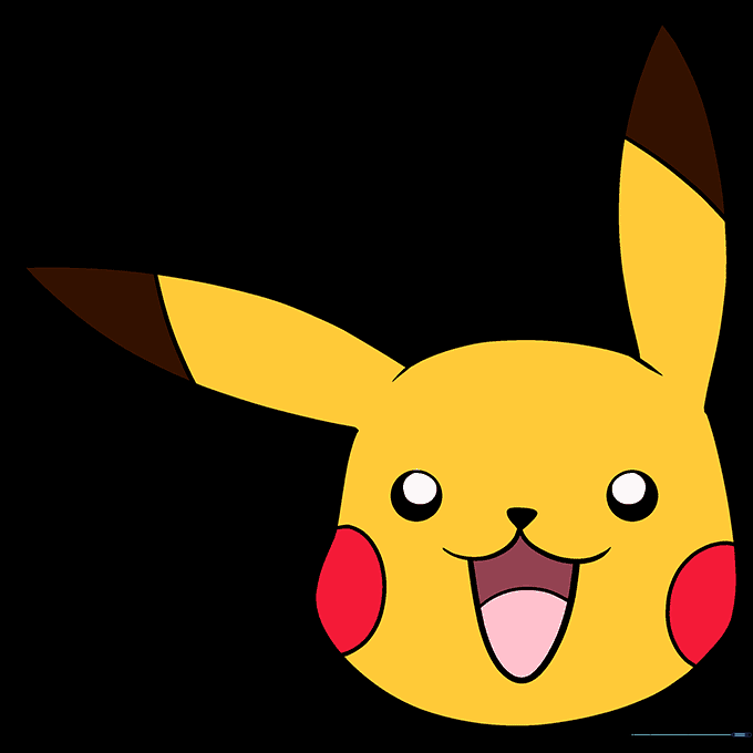 The finished, colored Pikachu face drawing with yellow fur and red cheeks.