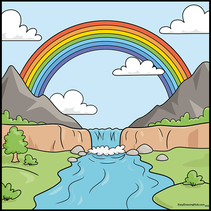 Finished, fully colored cartoon landscape featuring a bright rainbow over a waterfall.