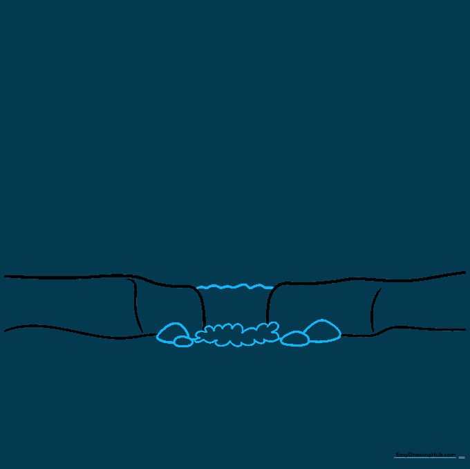 Drawing of a waterfall cascading over rocks with U-shaped water splashes at the bottom.