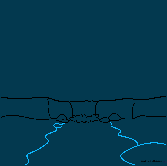 Sketch of a river winding through a landscape with added rock details on the banks.