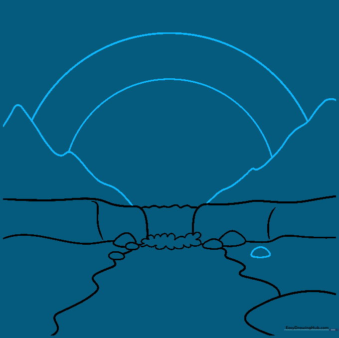 Outline of mountain peaks in the background with a large rainbow arch spanning the sky.