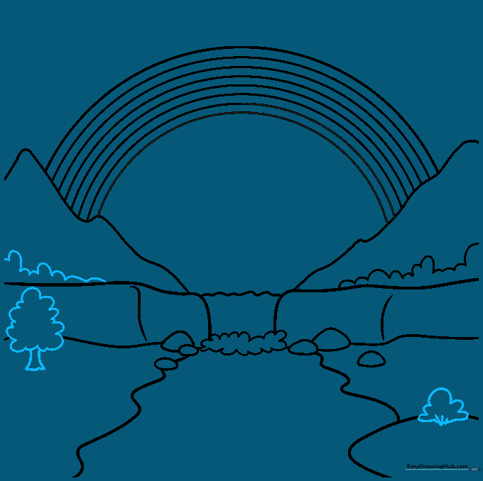 Landscape drawing showing a small tree by the river and additional plant life.
