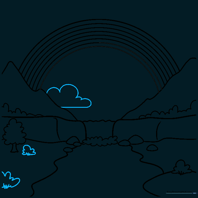 A fluffy cloud added to the sky area beneath the rainbow arch.