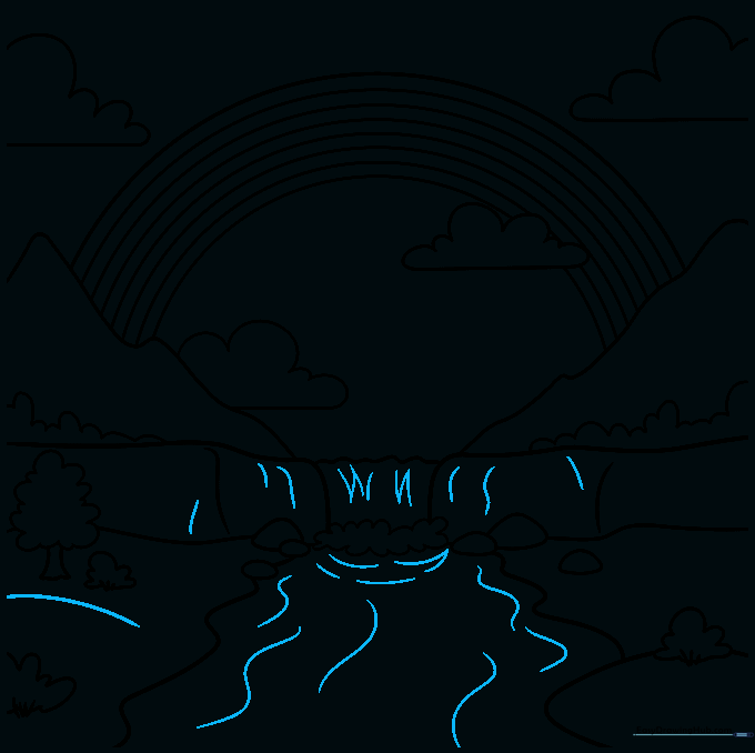 Final line art of the landscape with added texture lines on the water and cliff faces.