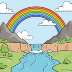 Colorful, completed rainbow landscape drawing, perfect for kids and beginners.