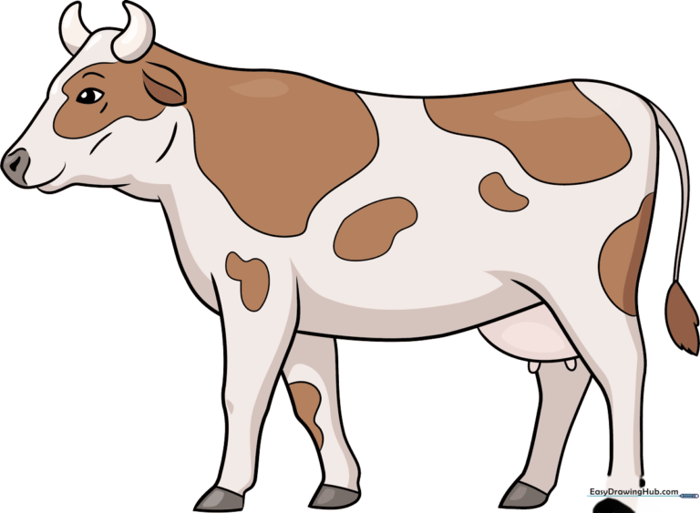 A completed, realistic cow drawing standing in a field.