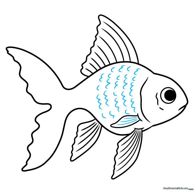 Adding U-shaped scale patterns across the goldfish's body for realistic texture.