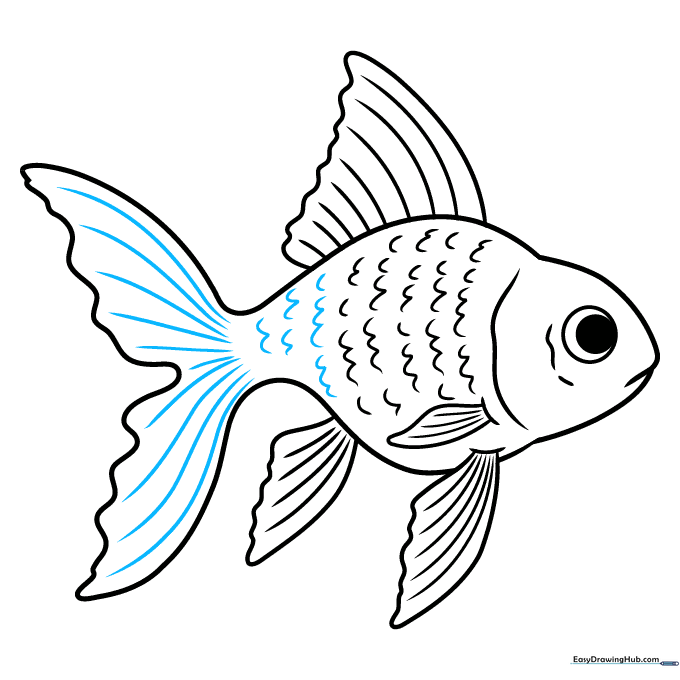 The completed line art of the goldfish with all scales and fin textures finished.