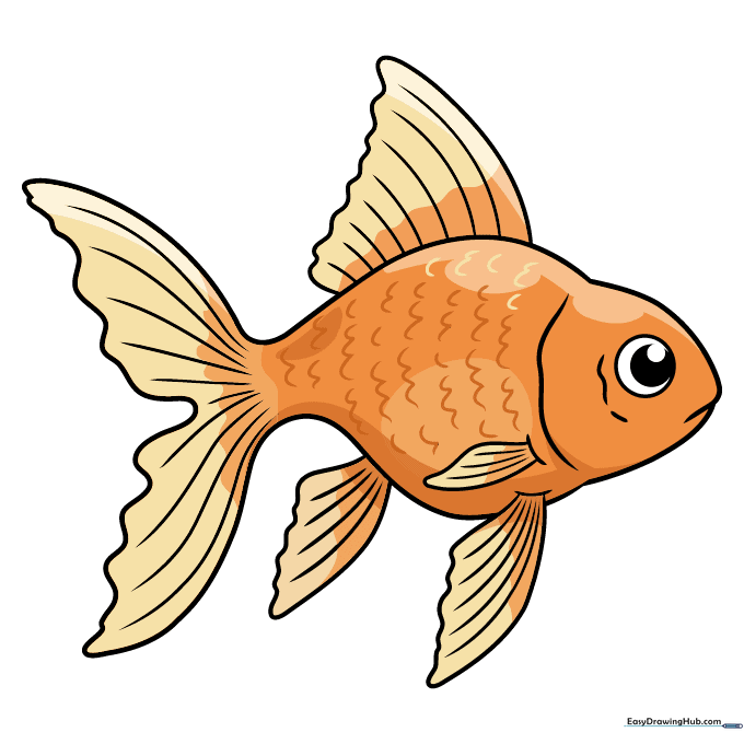 A fully colored, vibrant goldfish drawing with orange and yellow hues.