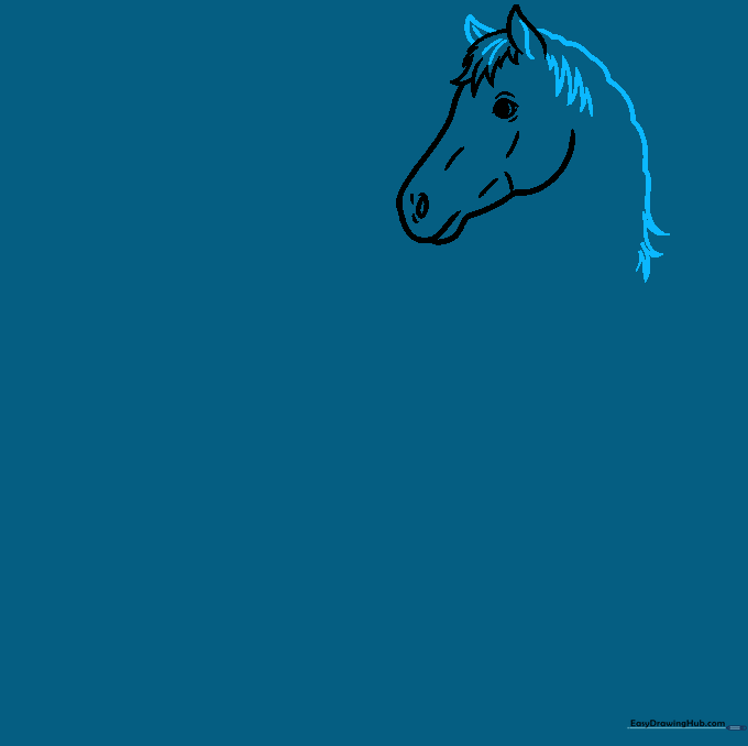 Adding the second ear and flowing mane strands to the horse drawing.