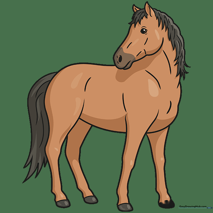 Finished, colored realistic horse drawing with shading and texture.