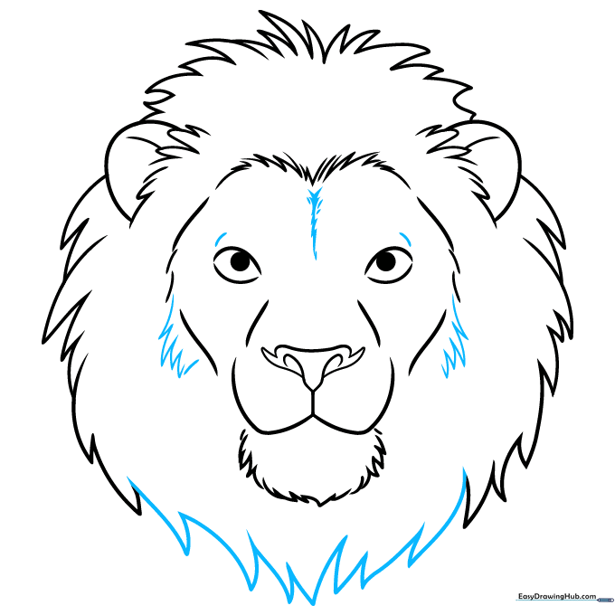 Refining the lion's facial features and completing the bottom of the mane.