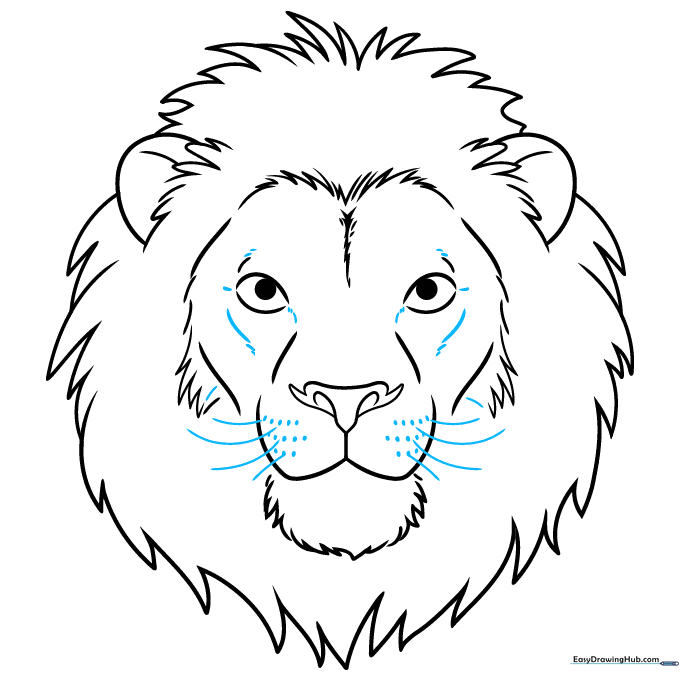 Adding whiskers and muzzle dots to the lion's face.