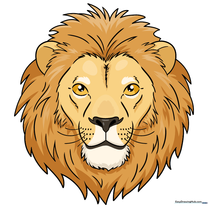 A finished, colored drawing of a realistic lion head.