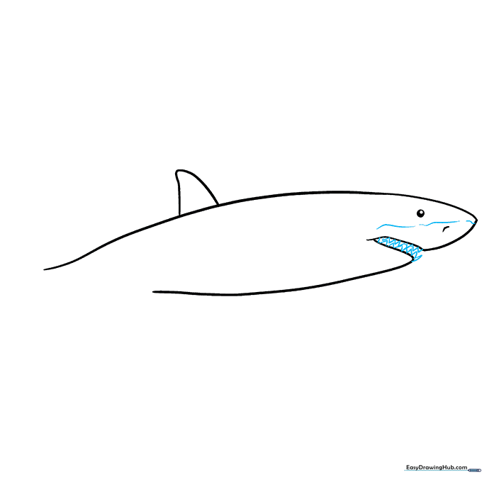 Adding sharp, jagged teeth and nostril details to the shark's face.