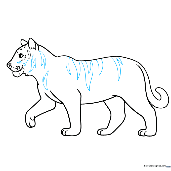 Adding jagged, irregular stripes to the tiger's body.