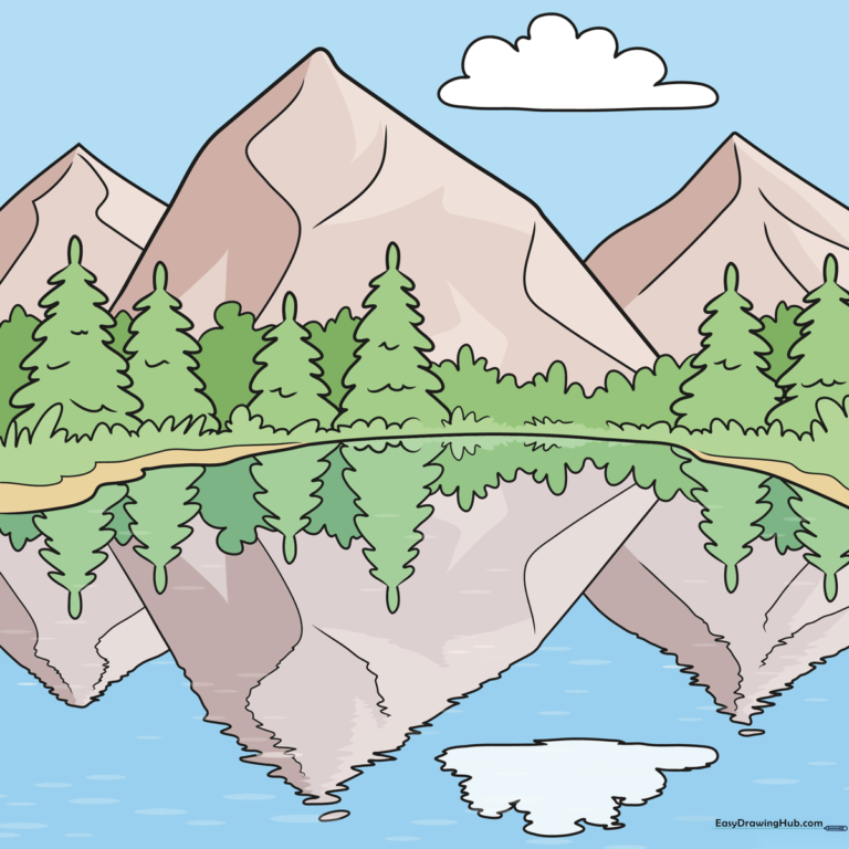 A vibrant, finished cartoon mountain landscape featuring a clear reflection in the water.
