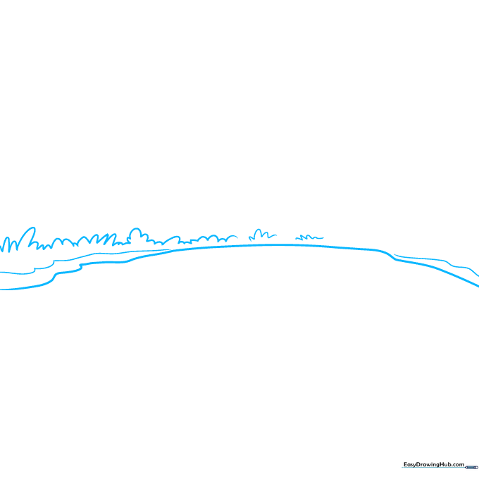 A pencil sketch showing a wavy horizontal line with small loops representing grass on a shoreline.