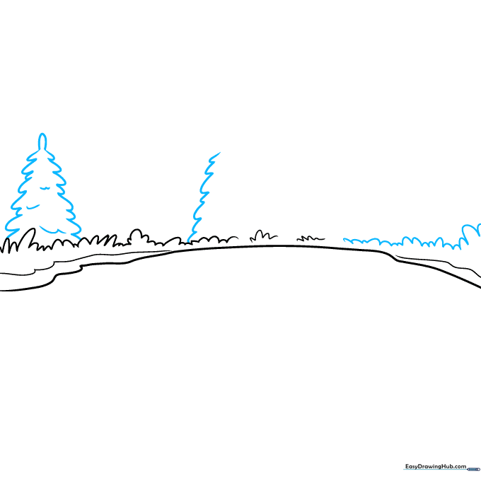 Pencil sketch of a tree made of rounded loops and additional grass patches on the shoreline.