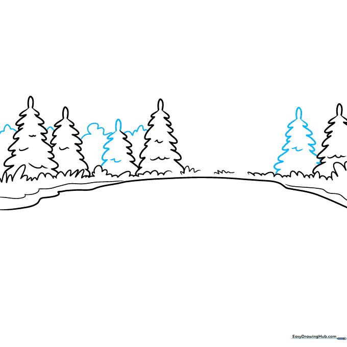 Pencil sketch showing a dense forest background filling the horizon.