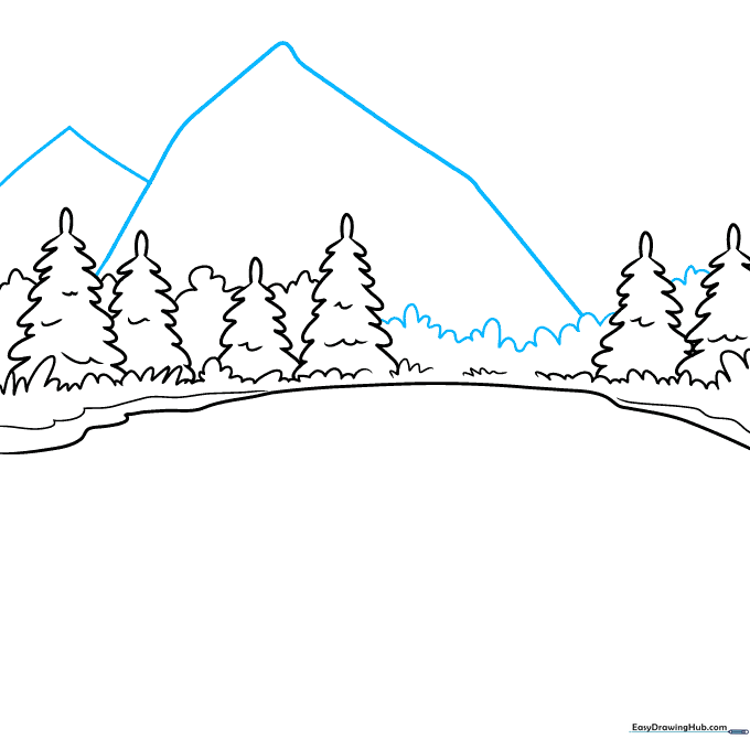Pencil sketch of jagged mountain peaks rising behind the forest line.