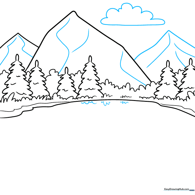 Pencil sketch showing mountain texture lines and a fluffy cloud in the sky.