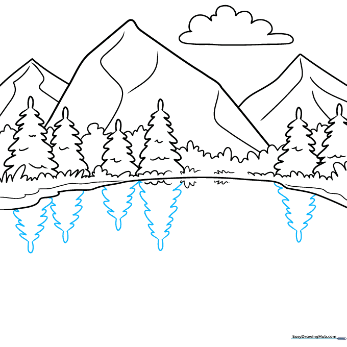 Pencil sketch showing the beginning of tree reflections in the water below the shoreline.