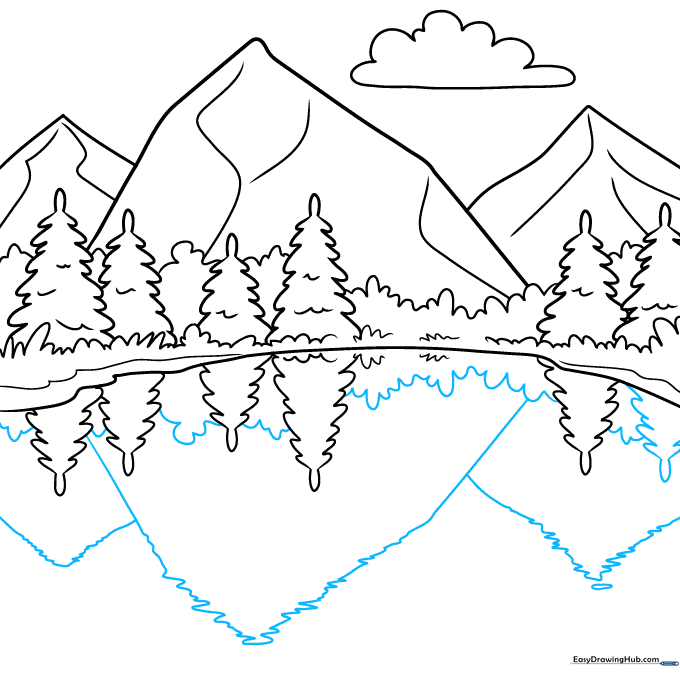 Pencil sketch showing mountain reflections with jagged, rippling lines.