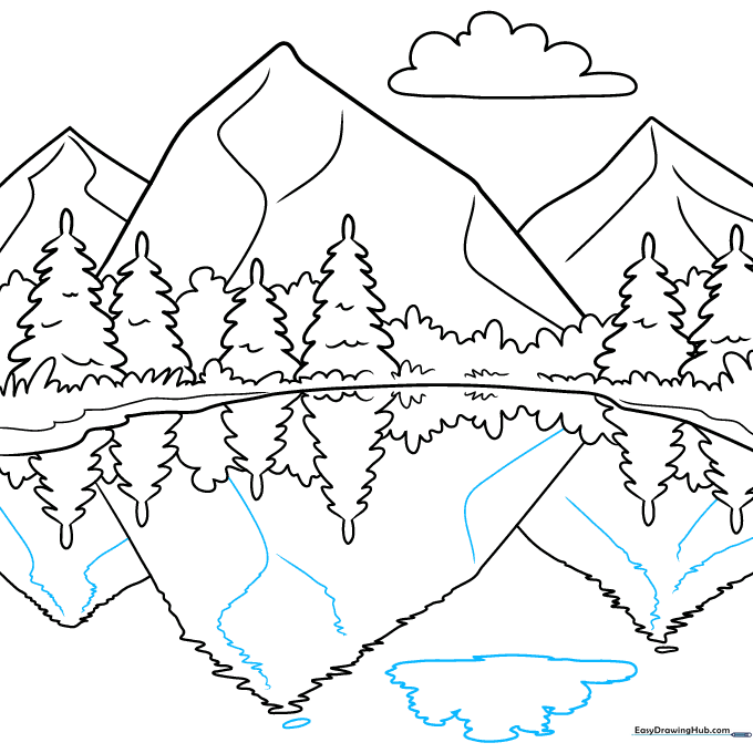 Pencil sketch showing the completed reflection with detailed rippling lines.