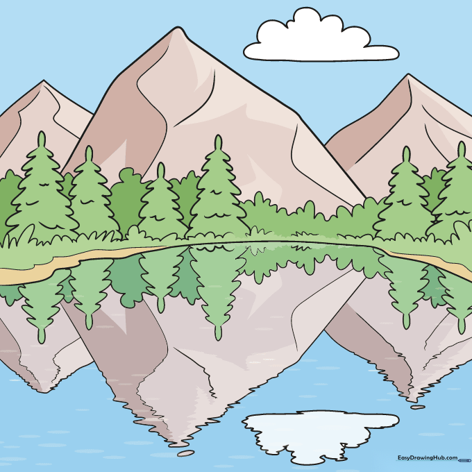 A fully colored mountain landscape drawing with a clear reflection in the water.
