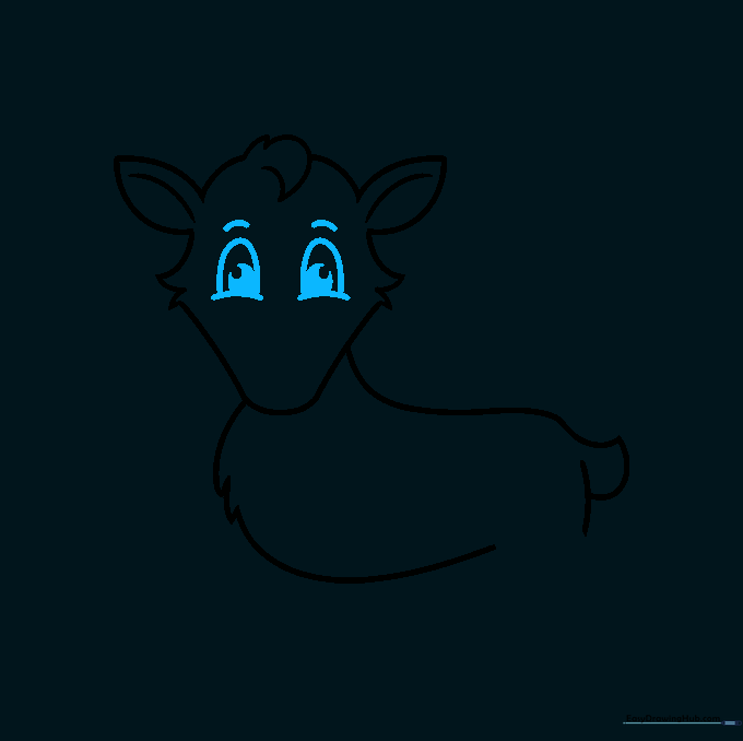Adding large, expressive eyes with pupils to the reindeer's face.