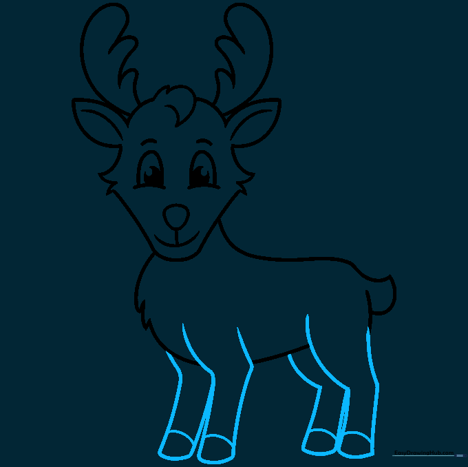 Drawing the reindeer's legs and hooves to complete the body.