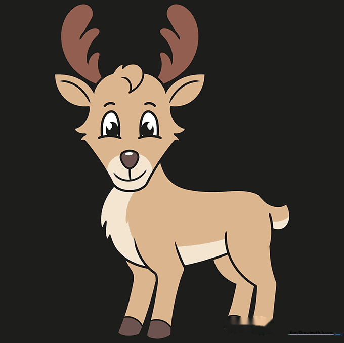 Finished cartoon reindeer drawing with brown and tan coloring.