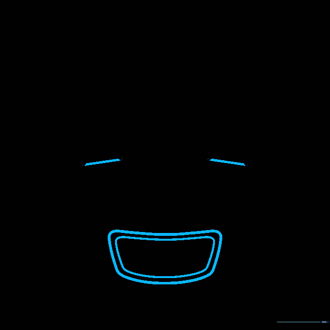 Robot eye with a horizontal eyelid line and a mouth shaped like two nested trapezoids.