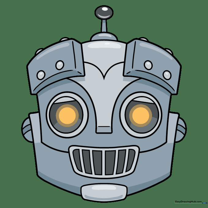 A fully colored, friendly-looking robot face with metallic gray tones.