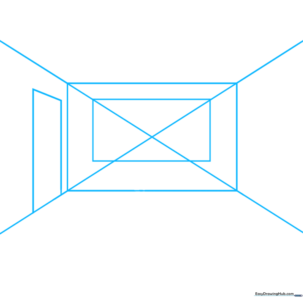 A pencil sketch showing an X across the page to establish a vanishing point for one-point perspective.