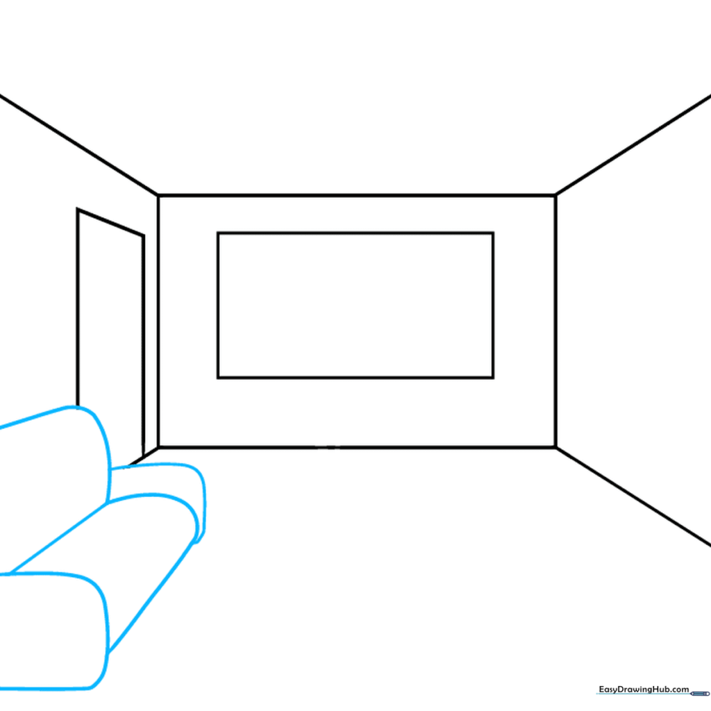 Drawing the basic blocky outline of a sofa on the side wall of the room.